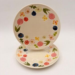 Potters Studio Floral Ceramic Salad Plates Set of 2 Debossed Tulips Cream Spring